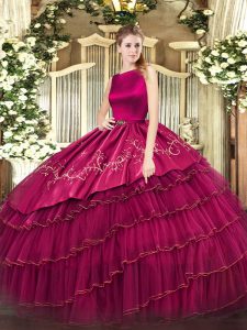 Fuchsia Ball Gowns Scoop Sleeveless Organza Floor Length Clasp Handle Embroidery and Ruffled Layers 15 Quinceanera Dress