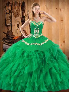 On Sale Green Lace Up Quinceanera Gown Embroidery and Ruffles Sleeveless Floor Length