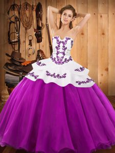 Fuchsia Sleeveless Satin and Organza Lace Up Quinceanera Dress for Military Ball and Sweet 16 and Quinceanera