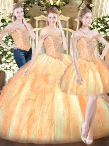Custom Design Gold Lace Up Sweet 16 Dress Ruffles Sleeveless Floor Length