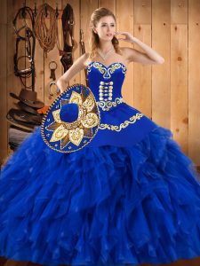 Hot Sale Blue Ball Gowns Embroidery and Ruffles Quinceanera Dress Lace Up Satin and Organza Sleeveless Floor Length
