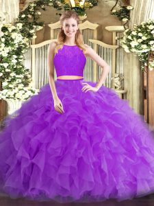 Affordable Eggplant Purple Tulle Zipper Quince Ball Gowns Sleeveless Floor Length Ruffles