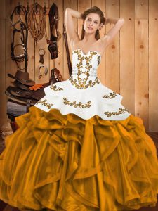Gold Satin and Organza Lace Up Strapless Sleeveless Floor Length Quinceanera Dresses Embroidery and Ruffles