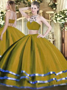 Lovely Olive Green Tulle Backless High-neck Sleeveless Floor Length Ball Gown Prom Dress Beading