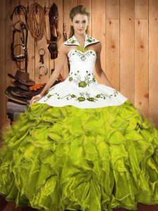 Sleeveless Satin and Organza Floor Length Lace Up Quinceanera Dresses in Olive Green with Embroidery and Ruffles