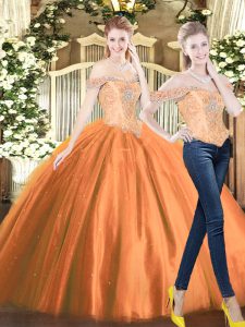 Cheap Orange Red Tulle Lace Up Off The Shoulder Sleeveless Floor Length Sweet 16 Dresses Beading