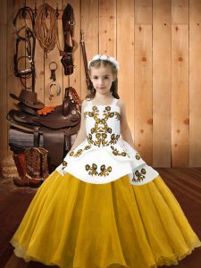 Affordable Gold Sleeveless Floor Length Embroidery Lace Up Kids Formal Wear