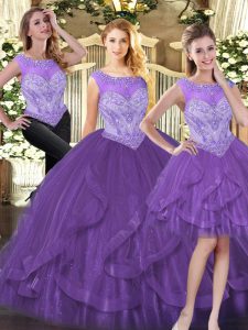 Sleeveless Floor Length Beading and Ruffles Zipper Quinceanera Gowns with Purple