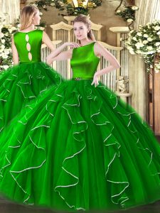 Romantic Sleeveless Floor Length Ruffles Clasp Handle Quinceanera Dress with Green