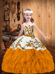 Embroidery and Ruffles Little Girls Pageant Dress Gold Zipper Sleeveless Floor Length