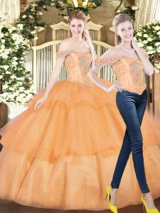 Captivating Orange Red Sleeveless Floor Length Beading and Ruffled Layers Lace Up Quinceanera Dresses