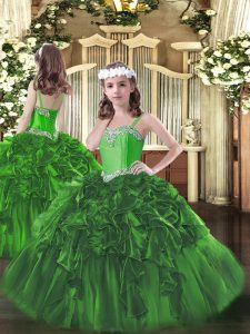 Sweet Beading and Ruffles High School Pageant Dress Dark Green Lace Up Sleeveless Floor Length