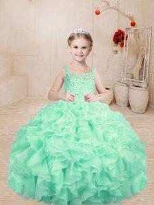 Excellent Apple Green Little Girl Pageant Gowns Sweet 16 and Quinceanera with Beading and Ruffles Straps Sleeveless Lace Up