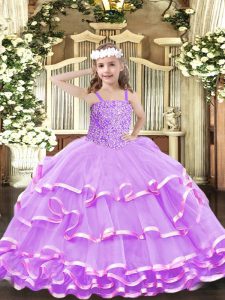 Elegant Lilac Pageant Dress Wholesale Party and Quinceanera with Beading and Ruffled Layers Straps Sleeveless Lace Up
