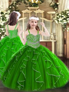 Green Organza Lace Up Straps Sleeveless Floor Length Pageant Dresses Beading and Ruffles