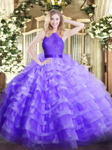 High End Lavender Organza Zipper Quinceanera Gown Sleeveless Floor Length Ruffled Layers