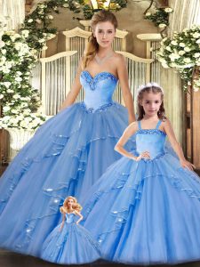 Unique Baby Blue Ball Gowns Sweetheart Sleeveless Organza Floor Length Lace Up Beading and Ruffles Quinceanera Dress