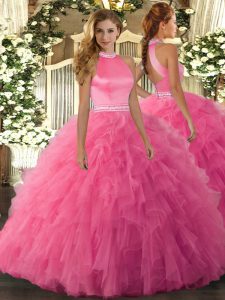 Customized Hot Pink Ball Gowns Halter Top Sleeveless Organza Floor Length Backless Beading and Ruffles 15 Quinceanera Dress