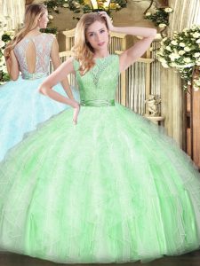 Apple Green Organza Backless Scoop Sleeveless Floor Length 15 Quinceanera Dress Lace and Ruffles
