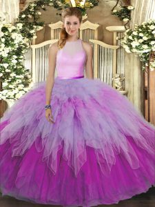 Fantastic High-neck Sleeveless Quinceanera Dress Floor Length Ruffles Multi-color Organza
