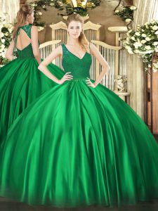 Dark Green V-neck Backless Beading and Lace Quinceanera Dresses Sleeveless