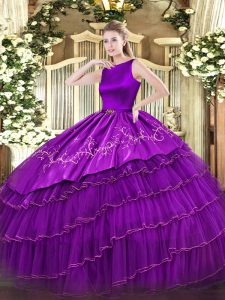 Traditional Purple Sleeveless Floor Length Embroidery and Ruffled Layers Clasp Handle Quince Ball Gowns