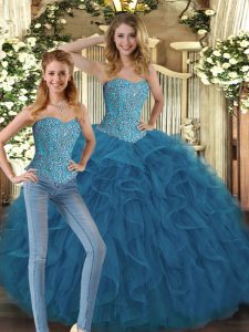 Teal Sleeveless Beading and Ruffles Floor Length Quinceanera Dresses
