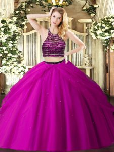 Halter Top Sleeveless Tulle Ball Gown Prom Dress Beading and Ruching Zipper