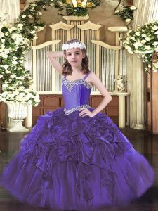 Purple Ball Gowns Straps Sleeveless Organza Floor Length Lace Up Beading and Ruffles Pageant Dress Wholesale