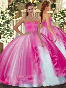 Hot Pink Tulle Lace Up Quinceanera Dress Sleeveless Floor Length Beading