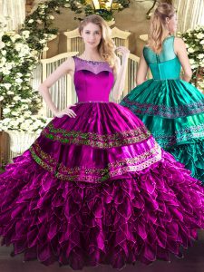 Fuchsia Ball Gowns Scoop Sleeveless Organza and Taffeta Floor Length Zipper Beading and Ruffles 15 Quinceanera Dress