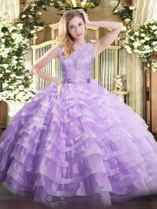 Cheap Lavender Sweet 16 Dresses Military Ball and Sweet 16 and Quinceanera with Lace and Ruffled Layers Scoop Sleeveless Backless