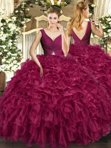 Customized Burgundy Sleeveless Floor Length Beading and Ruffles Backless 15th Birthday Dress