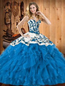 Traditional Teal Lace Up Sweetheart Embroidery and Ruffles 15th Birthday Dress Tulle Sleeveless