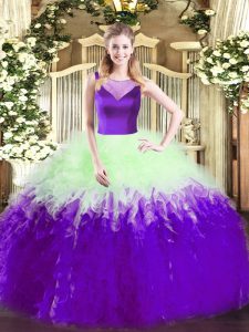 Scoop Sleeveless 15th Birthday Dress Floor Length Beading and Ruffles Multi-color Tulle