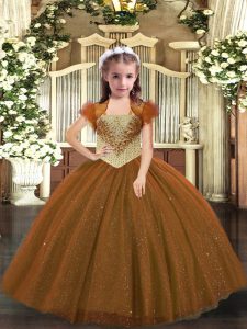 Excellent Brown Ball Gowns Beading Little Girls Pageant Dress Lace Up Tulle Sleeveless Floor Length