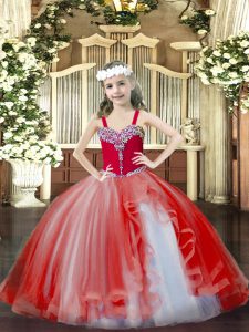Fancy Sleeveless Tulle Floor Length Lace Up Pageant Gowns in Red with Beading