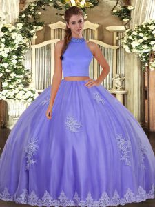 Artistic Floor Length Lavender Sweet 16 Dress Halter Top Sleeveless Backless