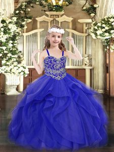 Super Floor Length Lace Up Little Girls Pageant Dress Blue for Party and Quinceanera with Beading and Ruffles