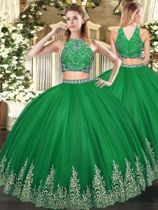 Designer Sleeveless Tulle Floor Length Zipper Quinceanera Gown in Dark Green with Beading and Ruffles