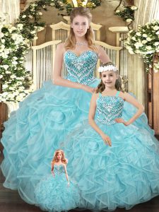 Artistic Aqua Blue Organza Lace Up 15th Birthday Dress Sleeveless Floor Length Beading and Ruffles