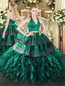 Dark Green Sleeveless Floor Length Appliques and Ruffles Zipper Sweet 16 Dresses