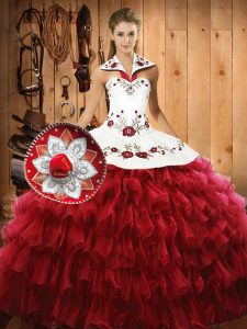 Free and Easy Halter Top Sleeveless Organza Sweet 16 Quinceanera Dress Embroidery and Ruffled Layers Lace Up