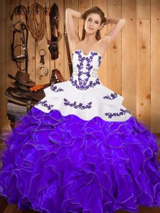 Custom Fit Floor Length White And Purple Quinceanera Gown Strapless Sleeveless Lace Up