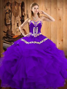 Purple Sweetheart Lace Up Embroidery and Ruffles Quinceanera Gowns Sleeveless