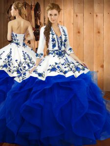 Trendy Floor Length Lace Up 15th Birthday Dress Blue for Military Ball and Sweet 16 and Quinceanera with Embroidery and Ruffles