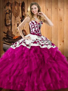 Fuchsia Sleeveless Satin and Organza Lace Up 15 Quinceanera Dress for Military Ball and Sweet 16 and Quinceanera