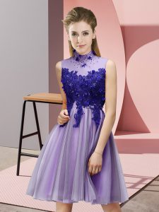 Lavender Tulle Lace Up Dama Dress Sleeveless Knee Length Appliques