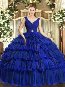 Chic Sleeveless Organza Floor Length Backless Quinceanera Gown in Royal Blue with Beading and Ruffled Layers