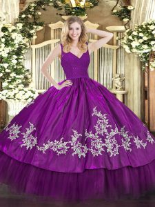 Sleeveless Taffeta Floor Length Backless 15 Quinceanera Dress in Fuchsia with Beading and Lace and Appliques